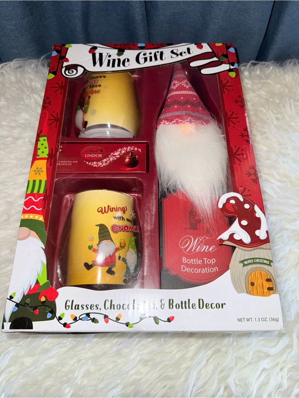 NWT’s Wine Gift Set with Festive Gnome Bottle Top & Yellow Glasses